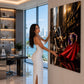 Woman in a white dress standing next to a Wall Street-themed artwork in a modern office.
