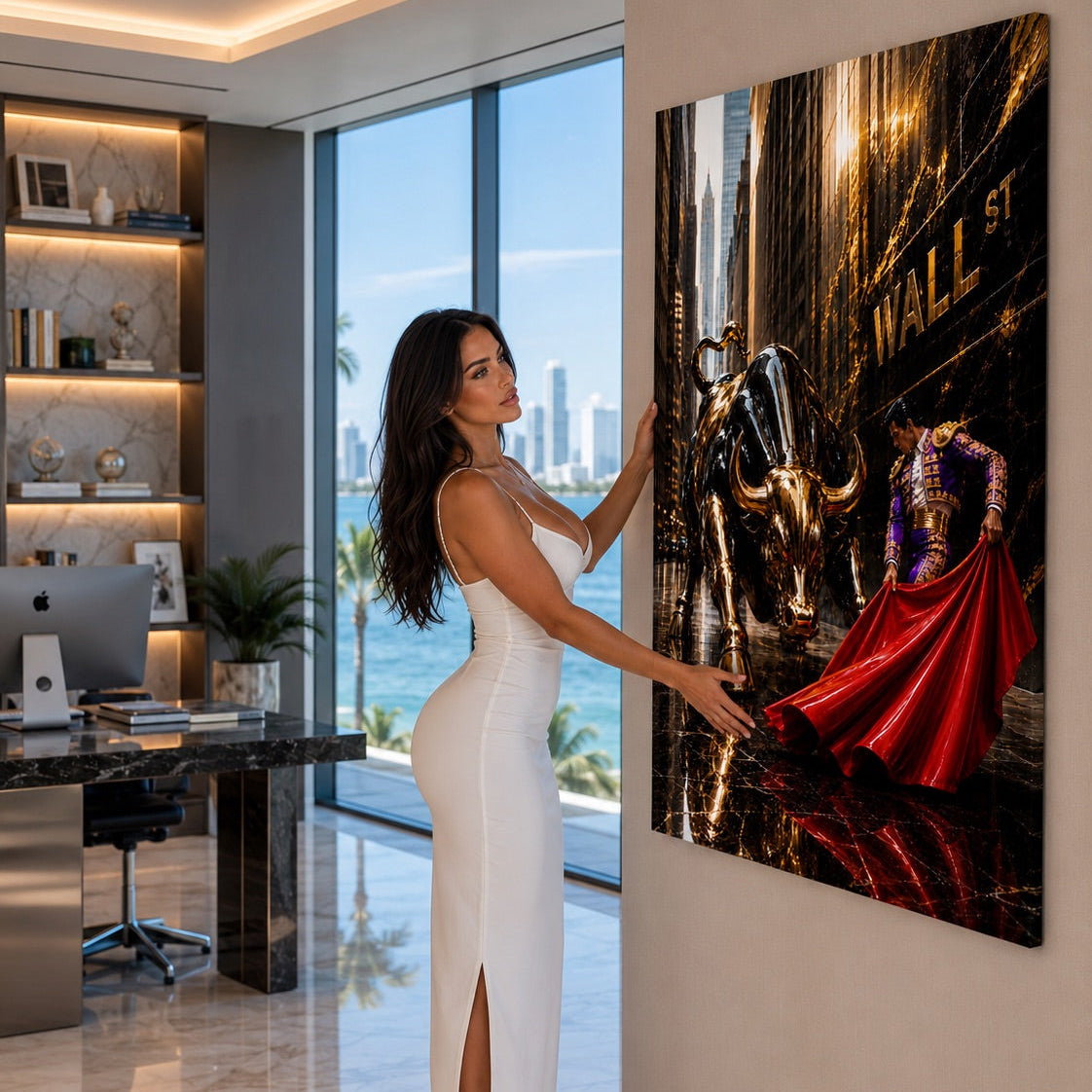 Woman in a white dress standing next to a Wall Street-themed artwork in a modern office.