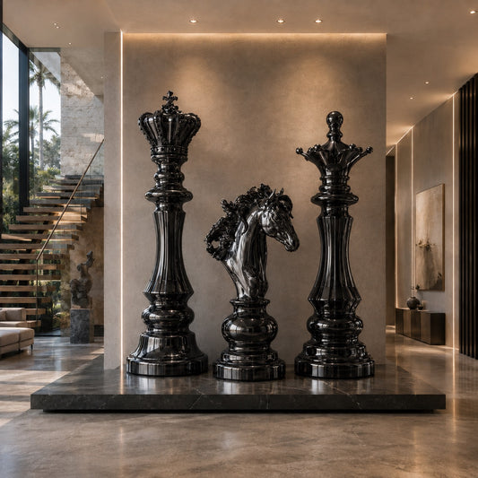 OSO Stainless Steel Sovereign Strategy Collection Stainless Steel Sovereign Strategy Chess Sculptures Collection Height: 19.6 inch (50 cm) Black 3 Piece Collection