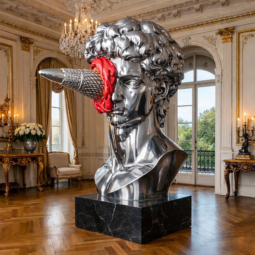 OSO Stainless Steel Echelon Disruptor Sculpture Stainless Steel Bust Of David with Ice Cream In Face Sculpture Height: 36 inch (91 cm)