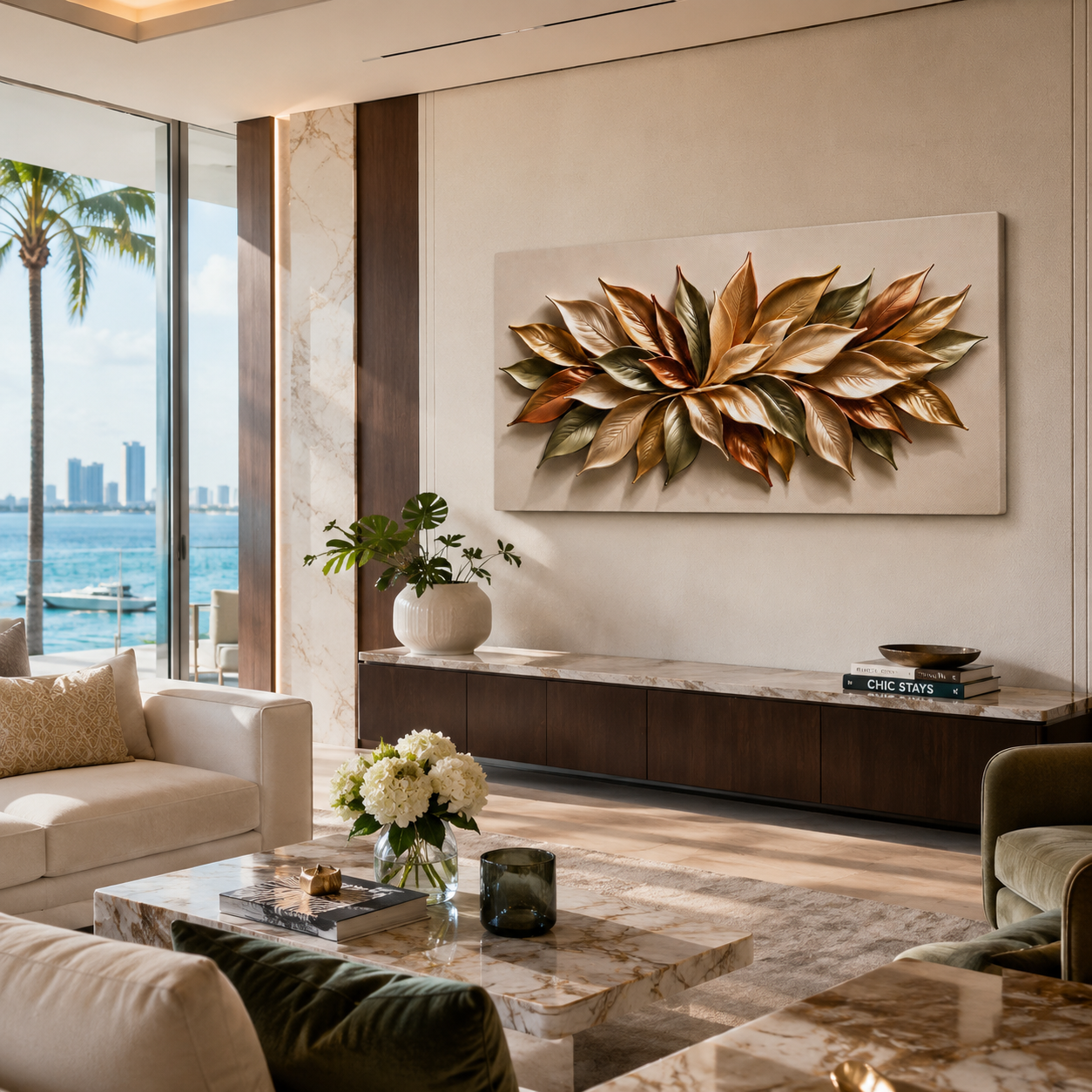 Large rectangular wall art featuring a sculptural leaf or palm frond design in metallic gold, bronze, and olive tones, displayed above a marble-topped console in a modern living room with a waterfront view.