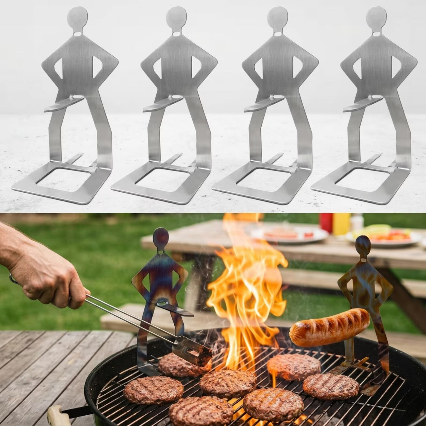Stainless steel BBQ sausage holder on grill with sausages
