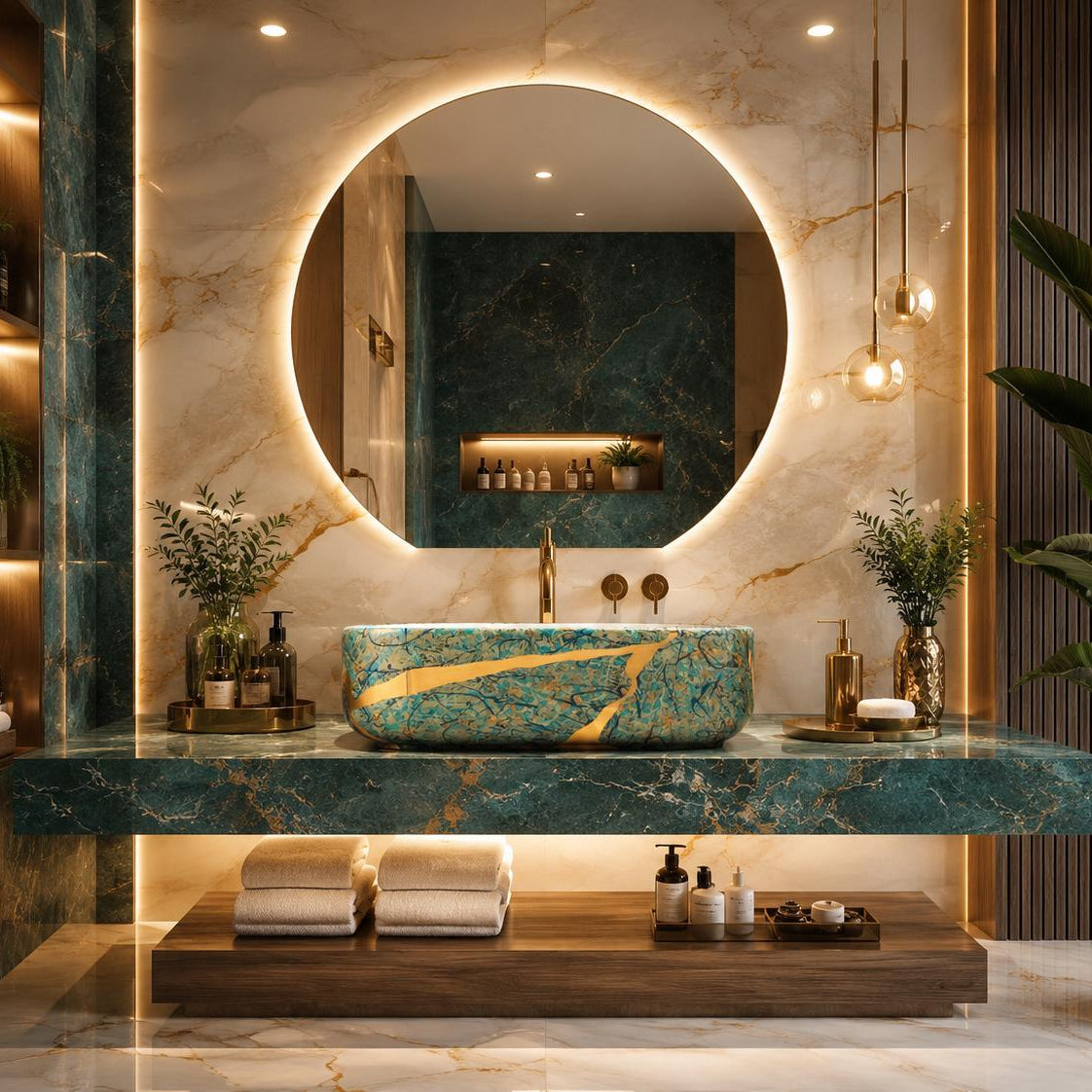 Luxury bathroom vanity featuring a round backlit mirror, a turquoise and gold marble vessel sink, a matching marble countertop, and a floating wooden shelf with folded towels.