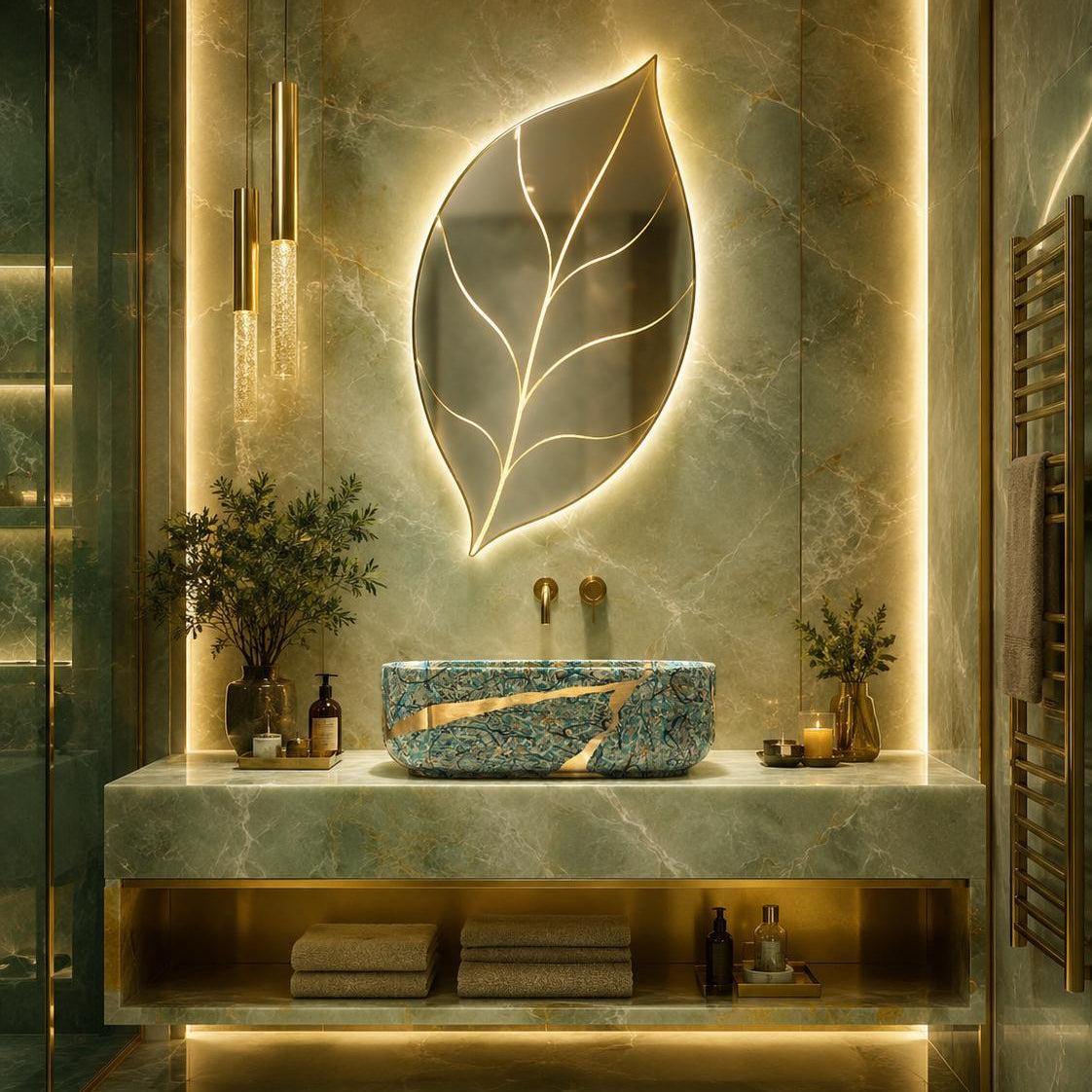 Luxury modern bathroom featuring a leaf-shaped backlit mirror, a blue and gold patterned stone vessel sink, and a matching marble vanity console with warm ambient lighting.