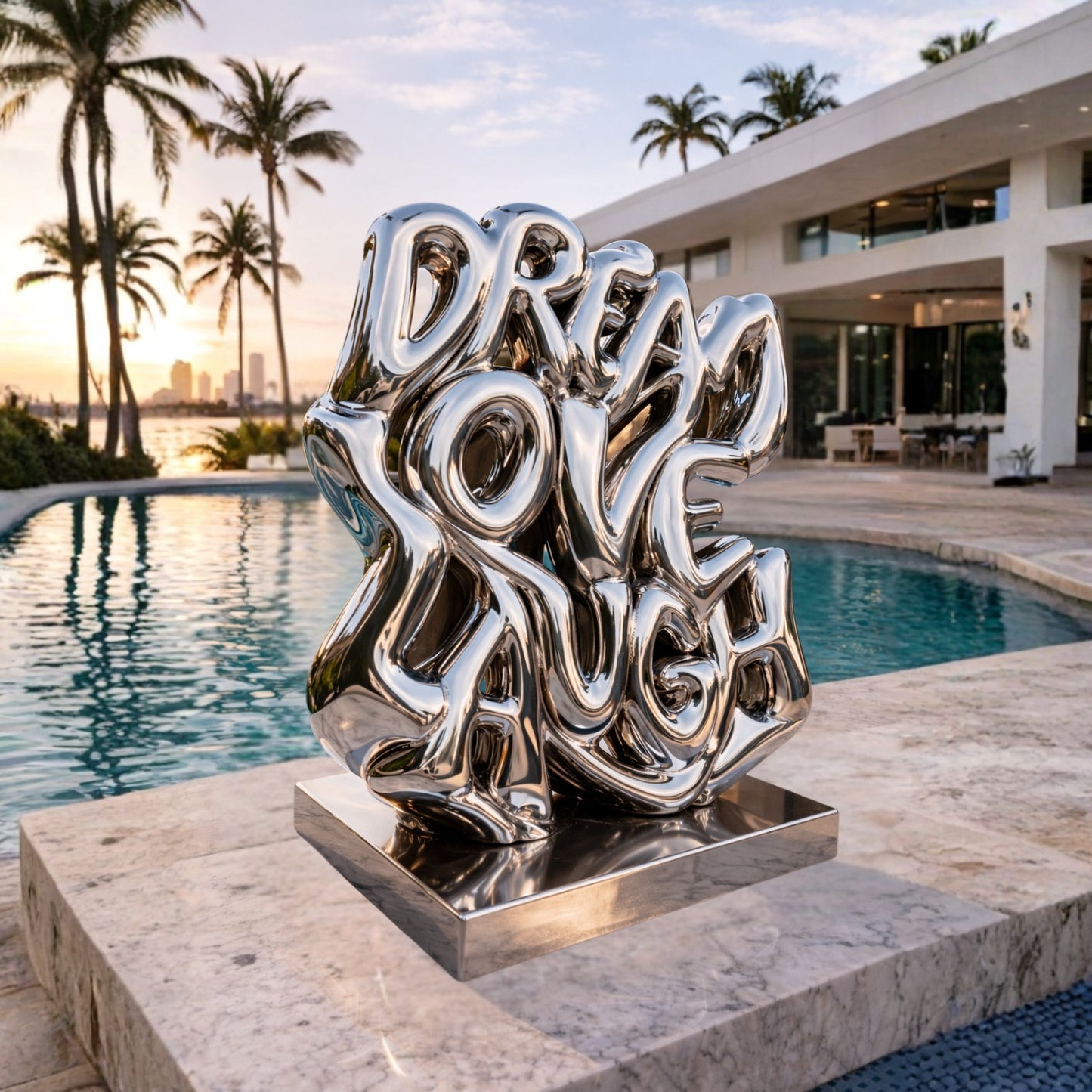 OSO Stainless Steel Luxe Mantra Sculpture Stainless Steel Melting Dream Love Laugh Sculpture Height: 36 inch (91 cm) Melting