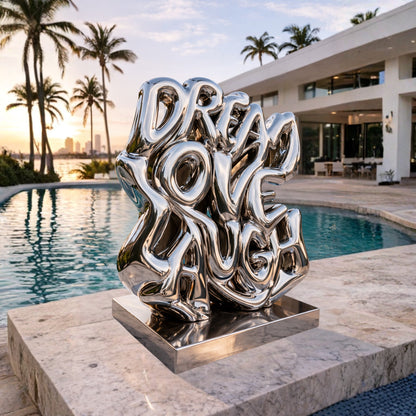 OSO Stainless Steel Luxe Mantra Sculpture Stainless Steel Melting Dream Love Laugh Sculpture Height: 36 inch (91 cm) Melting