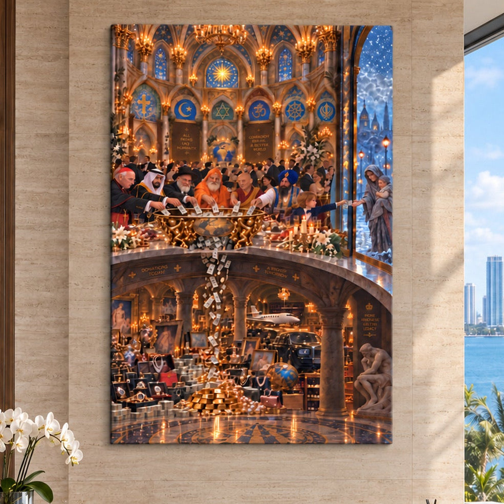 A large vertical canvas print of a baroque cathedral interior with a crowd and glowing candles, displayed on a beige wall in a modern living room with a wooden desk, white chairs, and a large window overlooking a city and ocean.