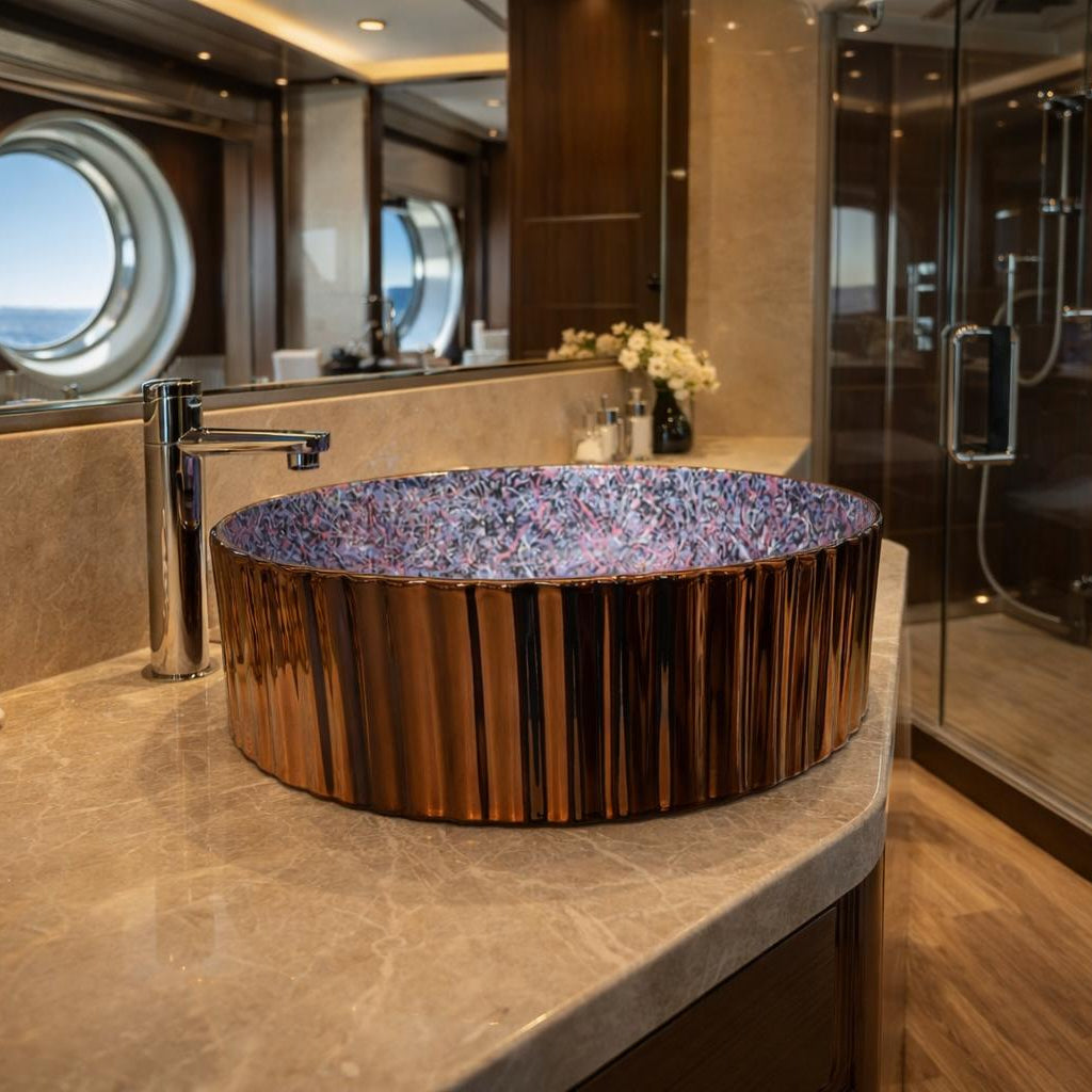 Rossella Fiorillo Ceramic Texture RF Eclisse Line Model Millerighe OSL010 Purple RF Texture Interior Rose Gold-plated Exterior Sink