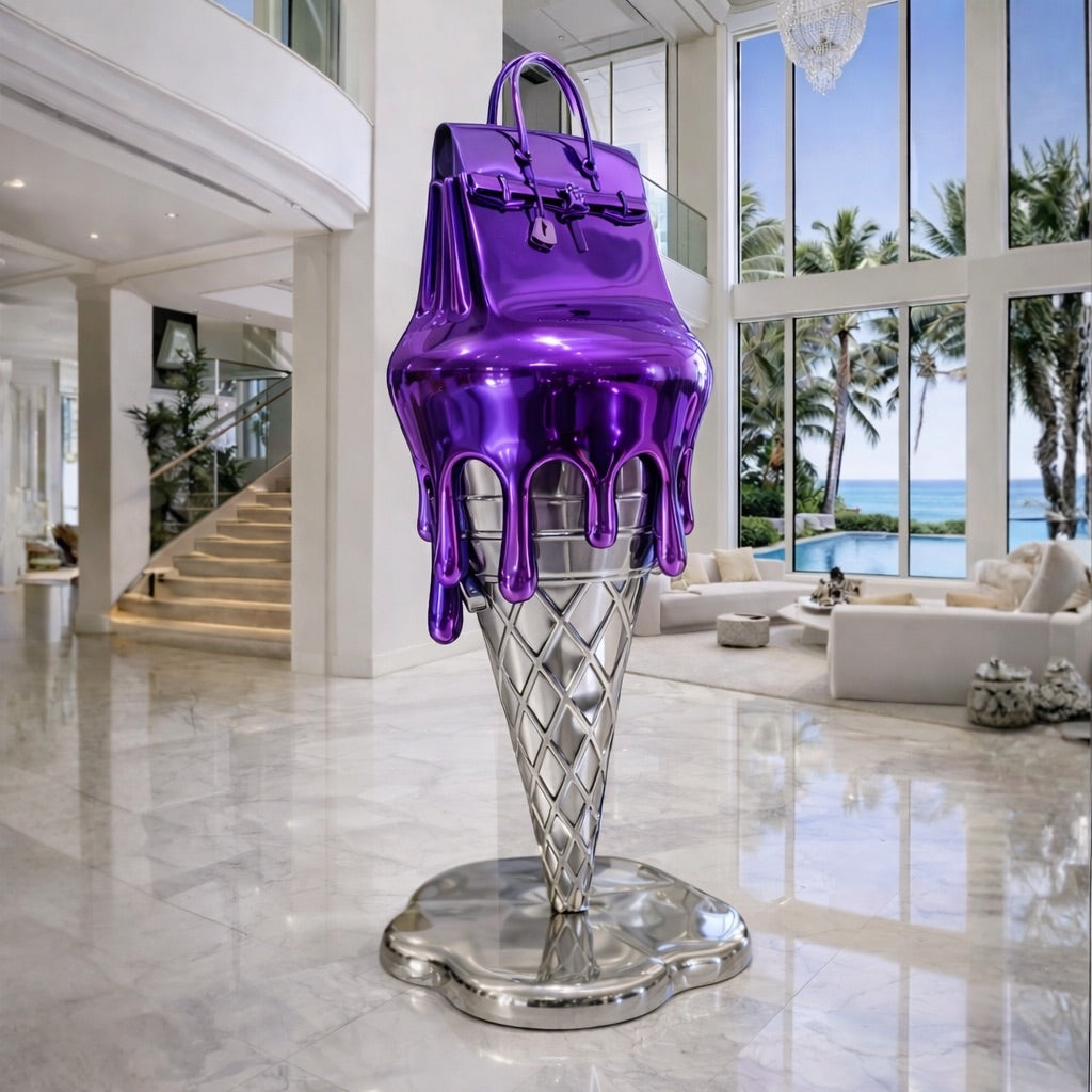 OSO Stainless Steel Molten Icon Sculpture Stainless Steel Melting Hermes Birkin Bag Sculpture Height: 36 inch (91 cm) Purple